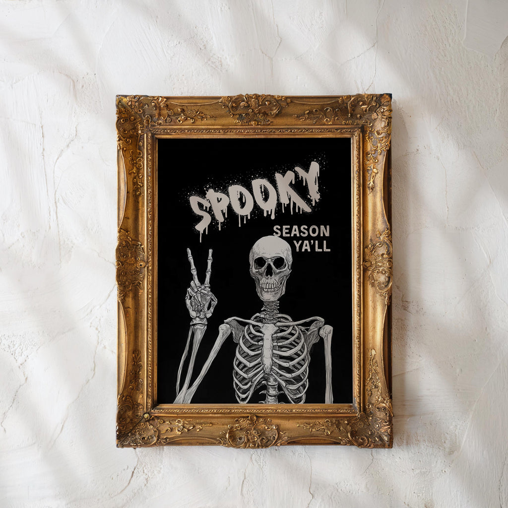 Spooky Season Wall Art, Halloween Skeleton Print, Gothic Skull Poster, Creepy Horror Wall Decor, Dark Aesthetic Printable Digital Download