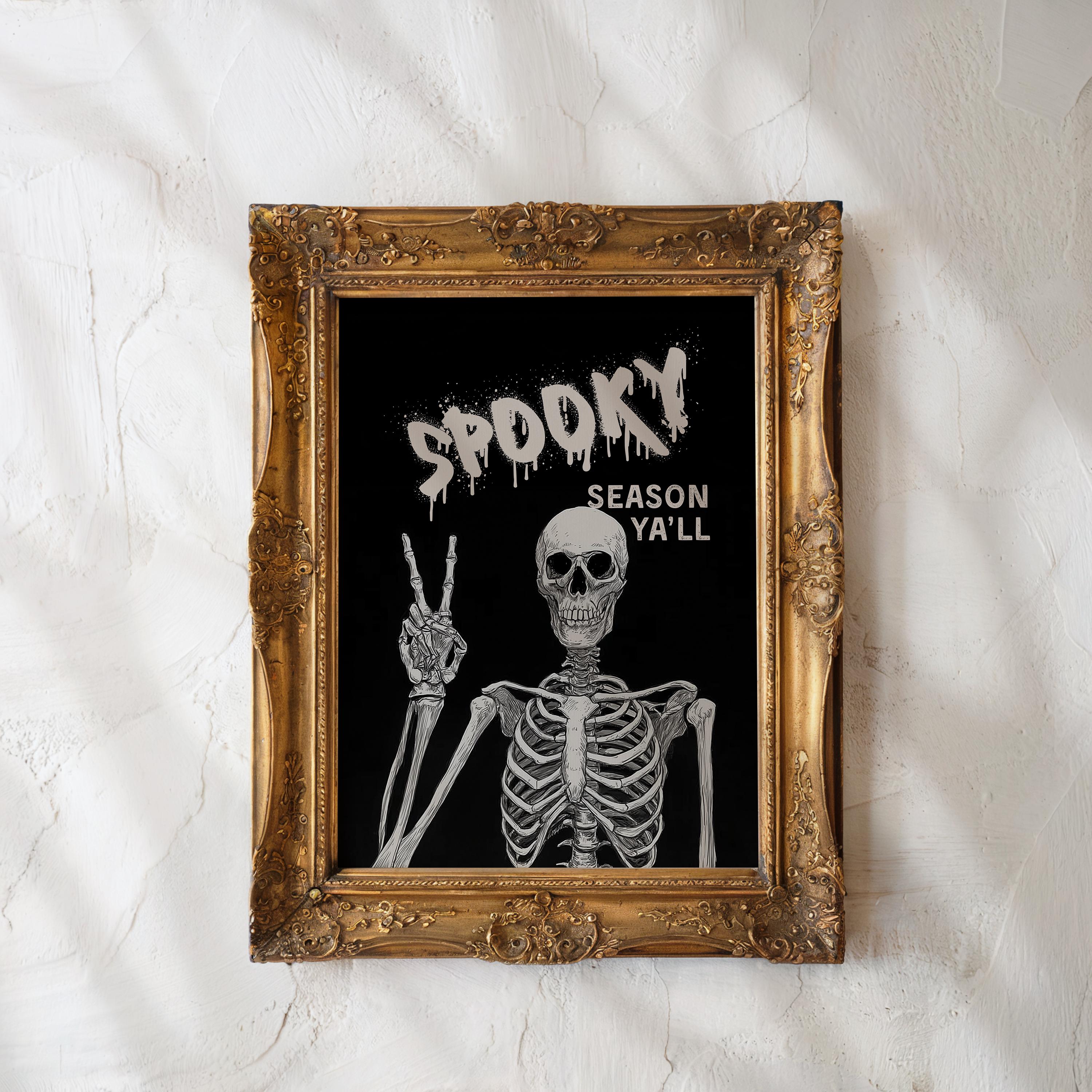 Spooky Season Wall Art, Halloween Skeleton Print, Gothic Skull Poster, Creepy Horror Wall Decor, Dark Aesthetic Printable Digital Download