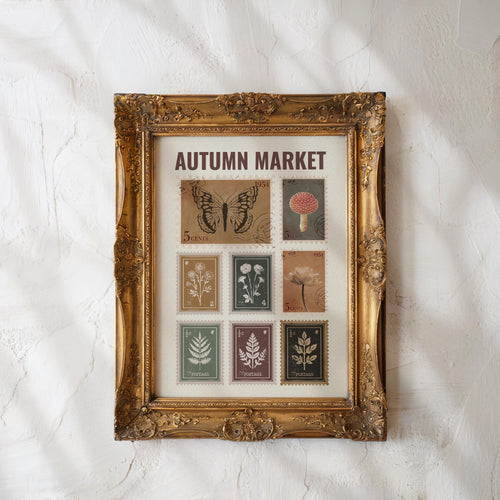 Autumn Market Sign Fall Stamps Print, Fall wall art, Rustic fall Print, Fall Farmhouse, Retro Autumn Artwork Trendy Vintage Stamp Collection