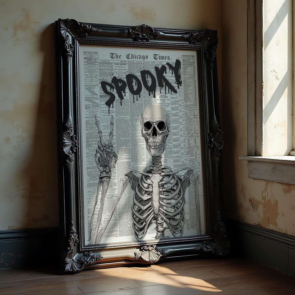 Spooky Newspaper Wall Art, Halloween Skeleton Print, Gothic Skull Poster, Creepy Horror Wall Decor Dark Aesthetic Printable Trendy Newspaper