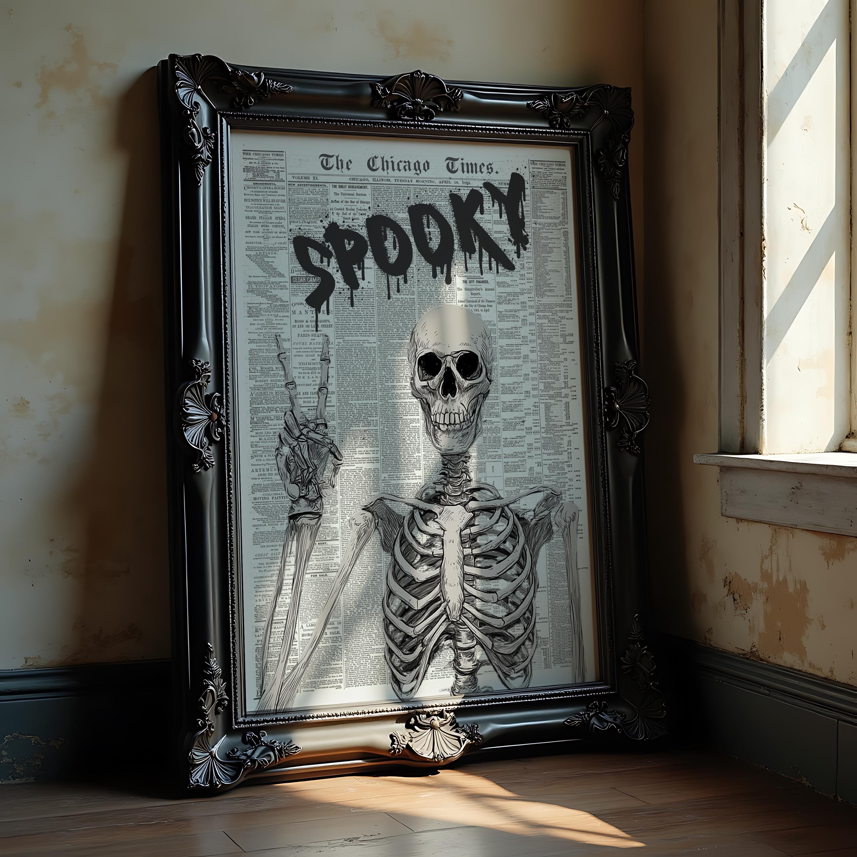 Spooky Newspaper Wall Art, Halloween Skeleton Print, Gothic Skull Poster, Creepy Horror Wall Decor Dark Aesthetic Printable Trendy Newspaper