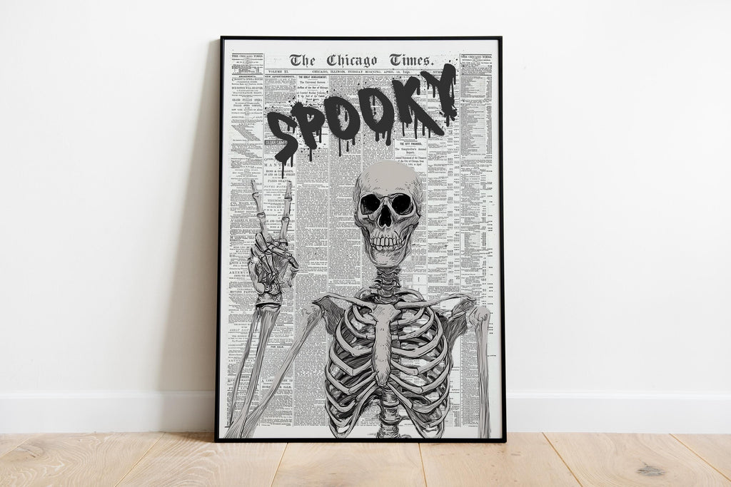 Spooky Newspaper Wall Art, Halloween Skeleton Print, Gothic Skull Poster, Creepy Horror Wall Decor Dark Aesthetic Printable Trendy Newspaper