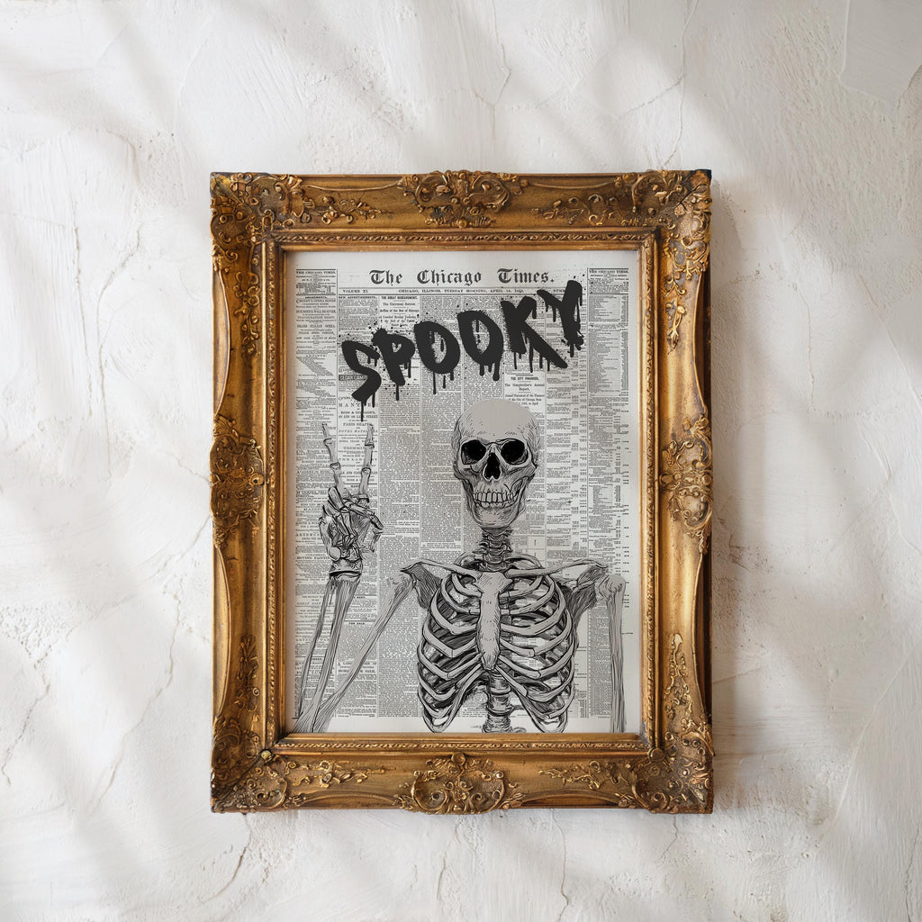 Spooky Newspaper Wall Art, Halloween Skeleton Print, Gothic Skull Poster, Creepy Horror Wall Decor Dark Aesthetic Printable Trendy Newspaper