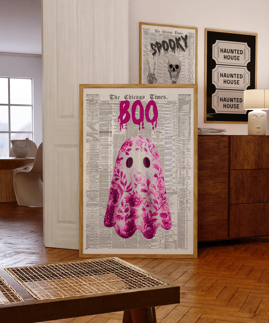 Pink Ghost Newspaper Wall Art Printable Pink Cute Halloween Decor Spooky Wall Print French Country Art Ghost Illustration Gothic Art Trendy
