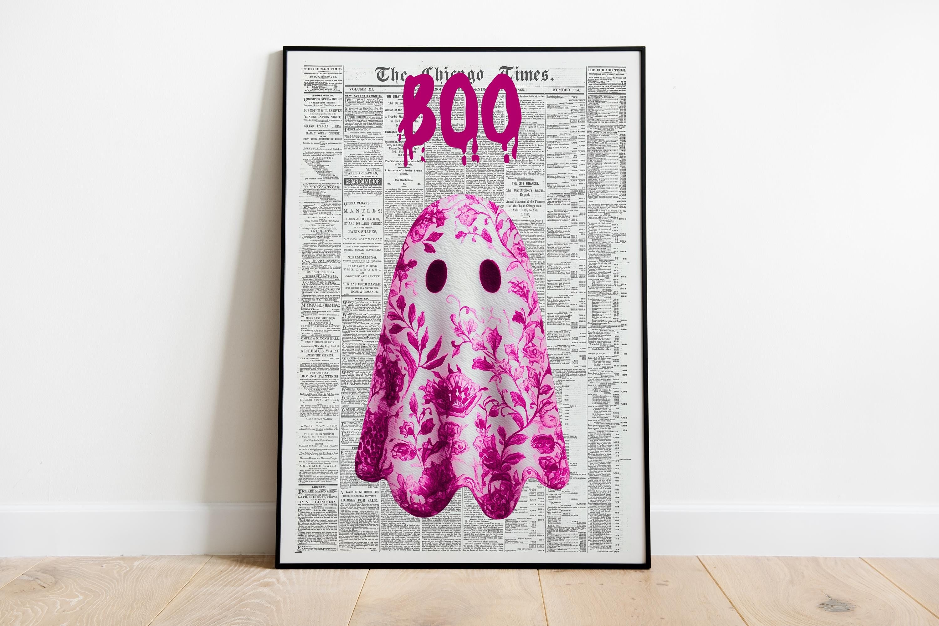 Pink Ghost Newspaper Wall Art Printable Pink Cute Halloween Decor Spooky Wall Print French Country Art Ghost Illustration Gothic Art Trendy