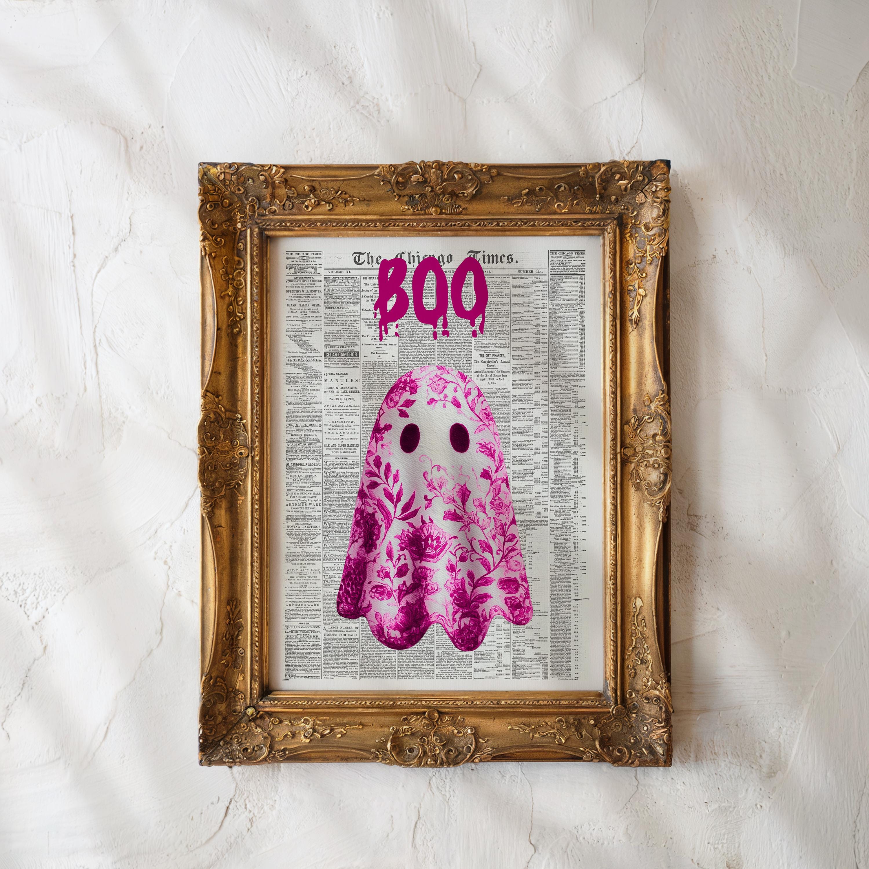 Pink Ghost Newspaper Wall Art Printable Pink Cute Halloween Decor Spooky Wall Print French Country Art Ghost Illustration Gothic Art Trendy