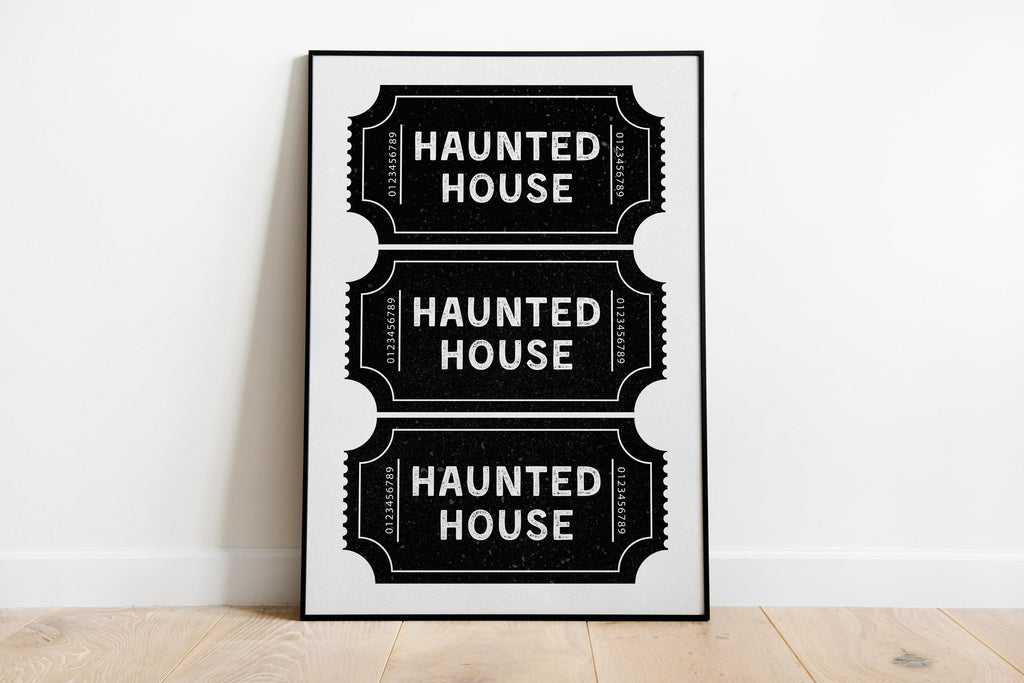 Haunted House Ticket Stub Print, Spooky Newspaper Wall Art, Trendy Guest Check Poster, Skeleton Halloween Decor Gothic Printable Set DIGITAL