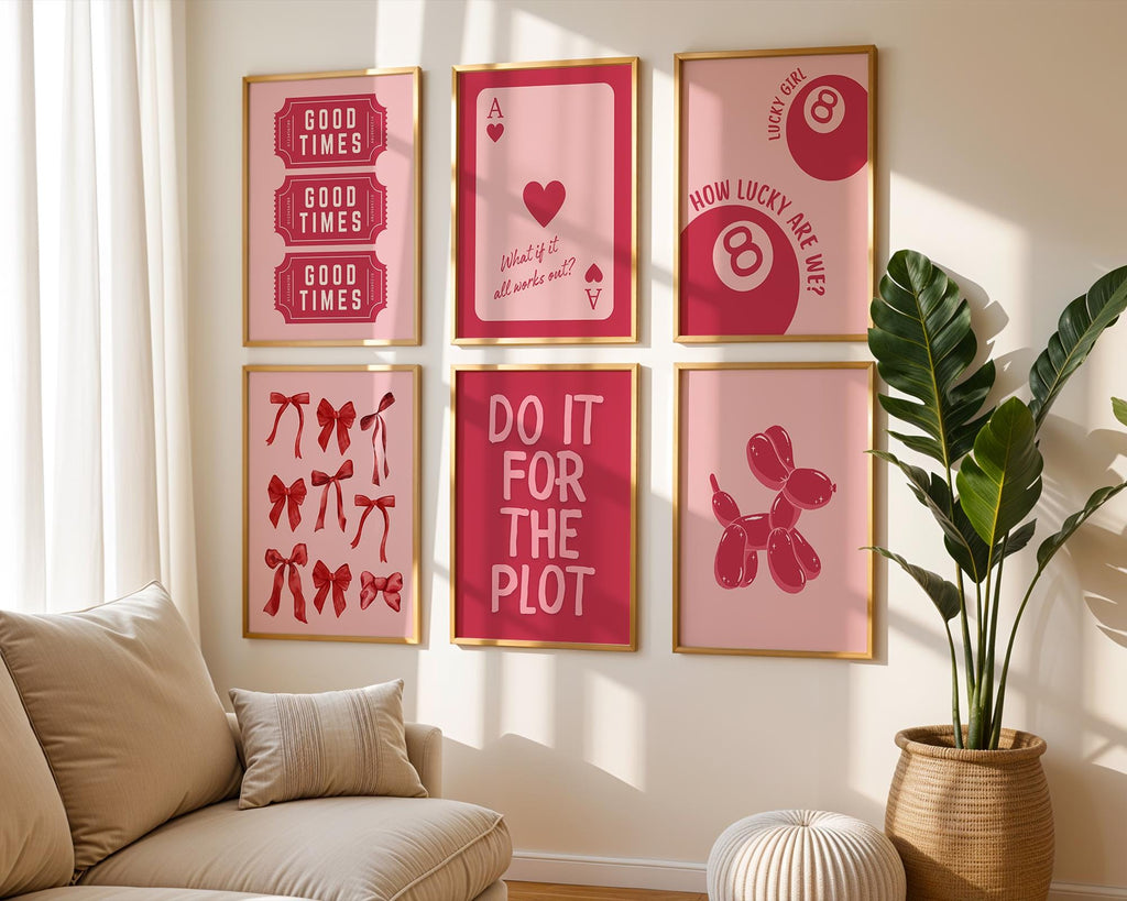 Trendy Red Bows Wall Art Set of 6, Deck Card Preppy poster College Apartment Decor, Watercolor Bows Print Coquette Room Decor Girly Wall Art