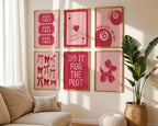 Trendy Red Bows Wall Art Set of 6, Deck Card Preppy poster College Apartment Decor, Watercolor Bows Print Coquette Room Decor Girly Wall Art