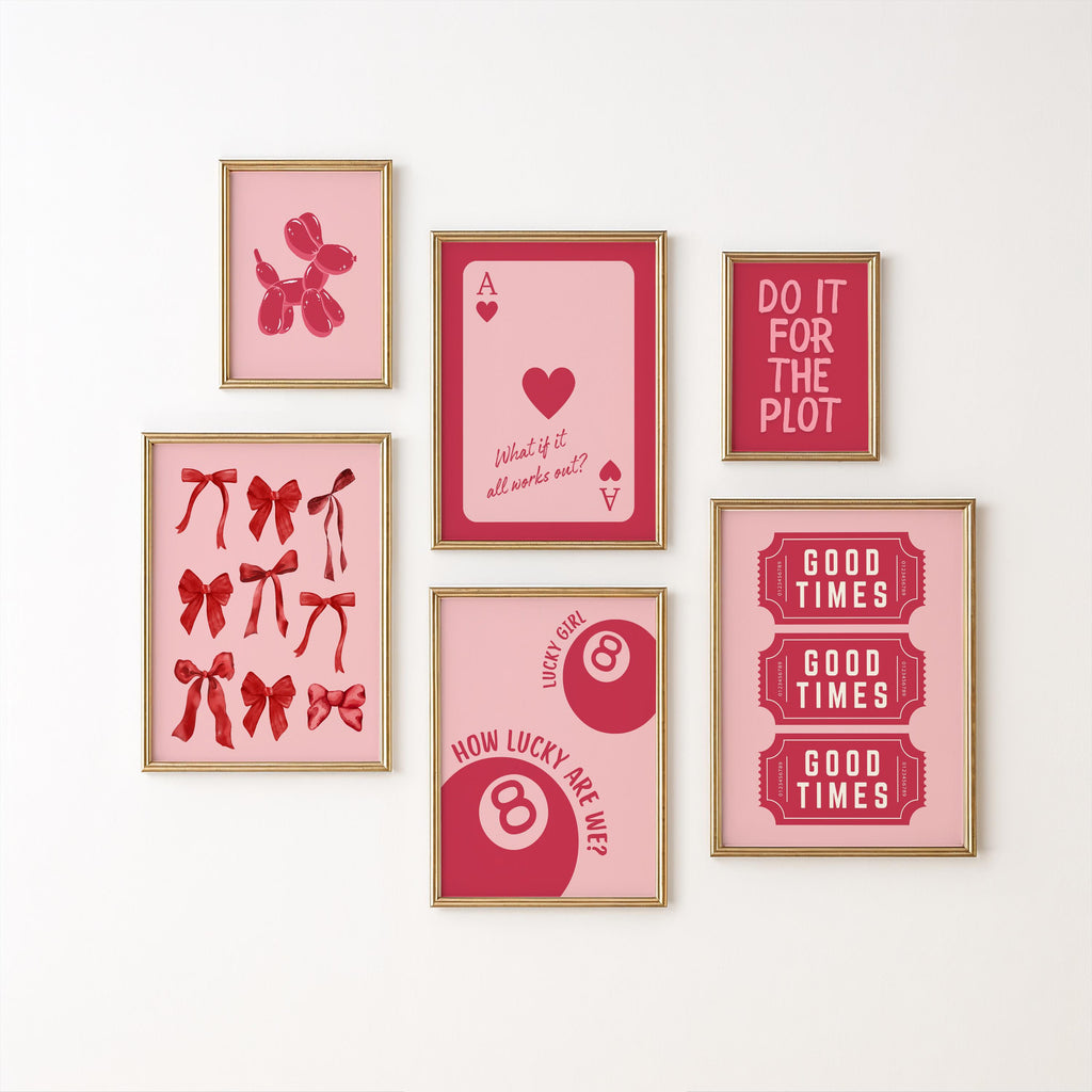 Trendy Red Bows Wall Art Set of 6, Deck Card Preppy poster College Apartment Decor, Watercolor Bows Print Coquette Room Decor Girly Wall Art