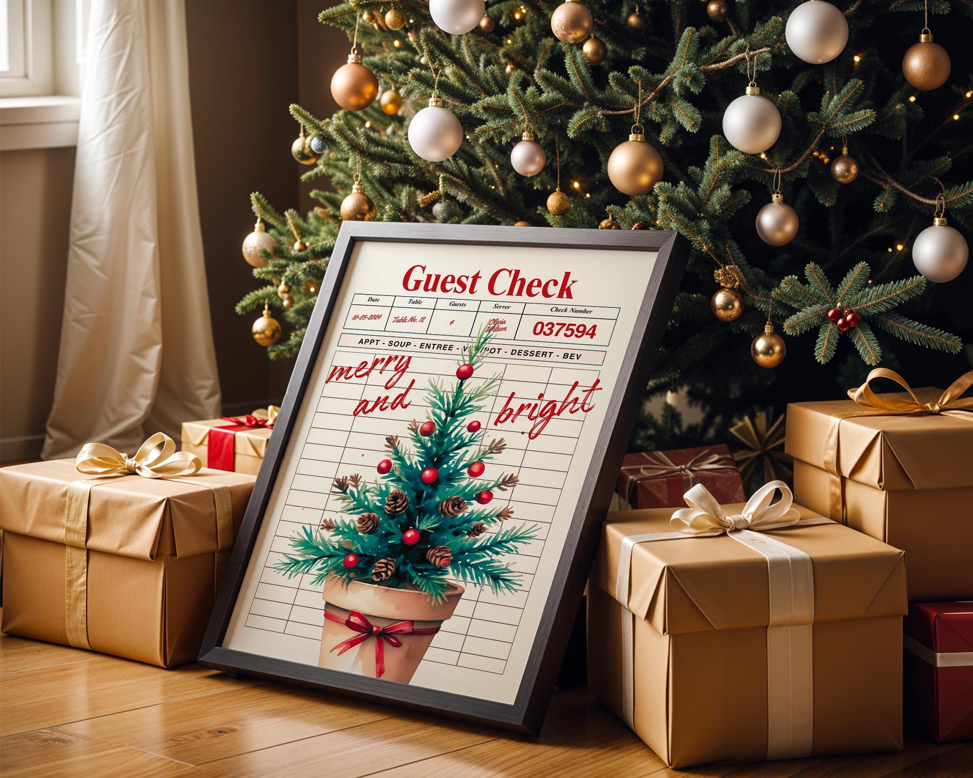 Retro Christmas Wall Art, Guest Check Holiday Print, Vintage Xmas Tree Poster, Merry and Bright Kitchen Decor Festive Home Printable DIGITAL