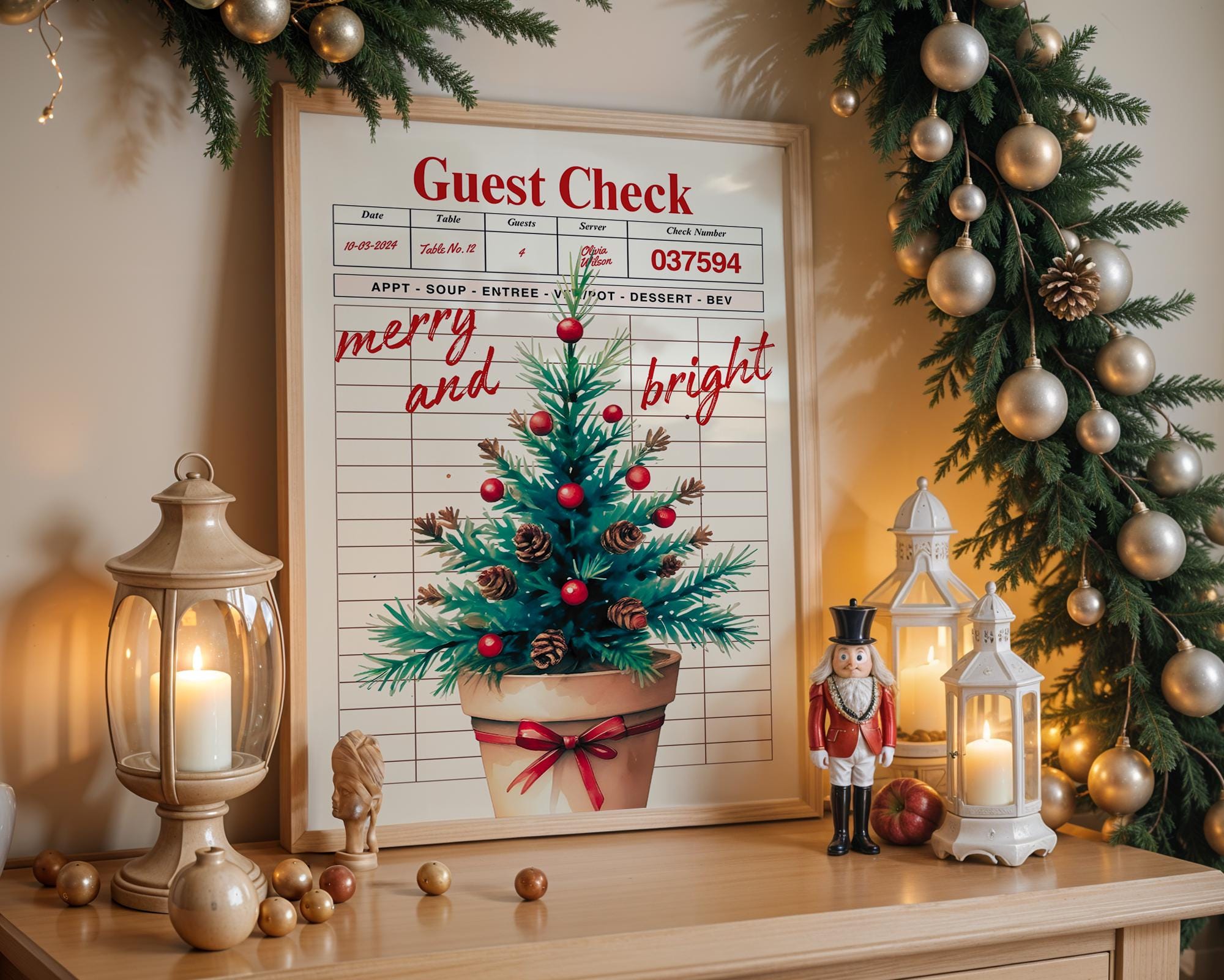Retro Christmas Wall Art, Guest Check Holiday Print, Vintage Xmas Tree Poster, Merry and Bright Kitchen Decor Festive Home Printable DIGITAL