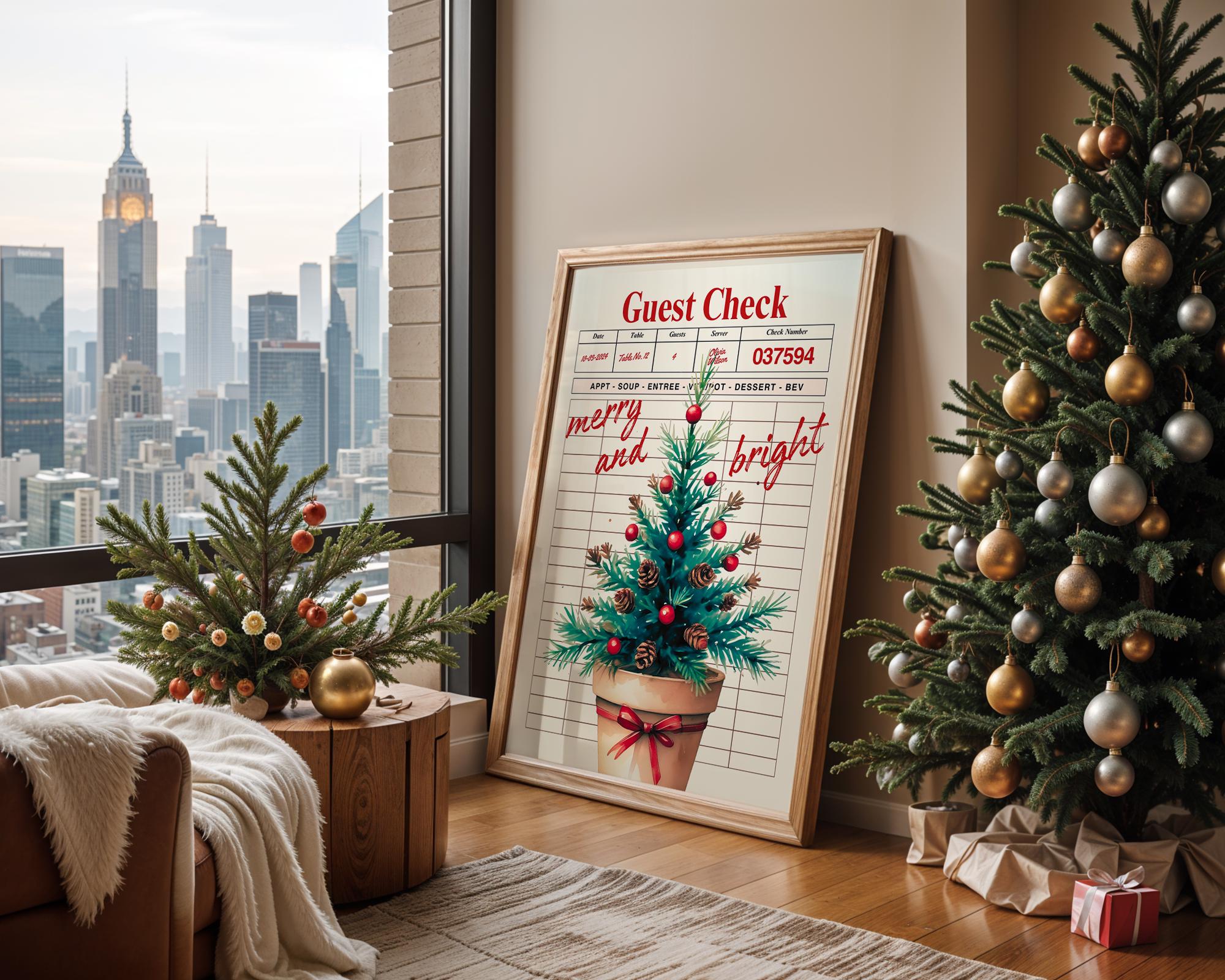 Retro Christmas Wall Art, Guest Check Holiday Print, Vintage Xmas Tree Poster, Merry and Bright Kitchen Decor Festive Home Printable DIGITAL