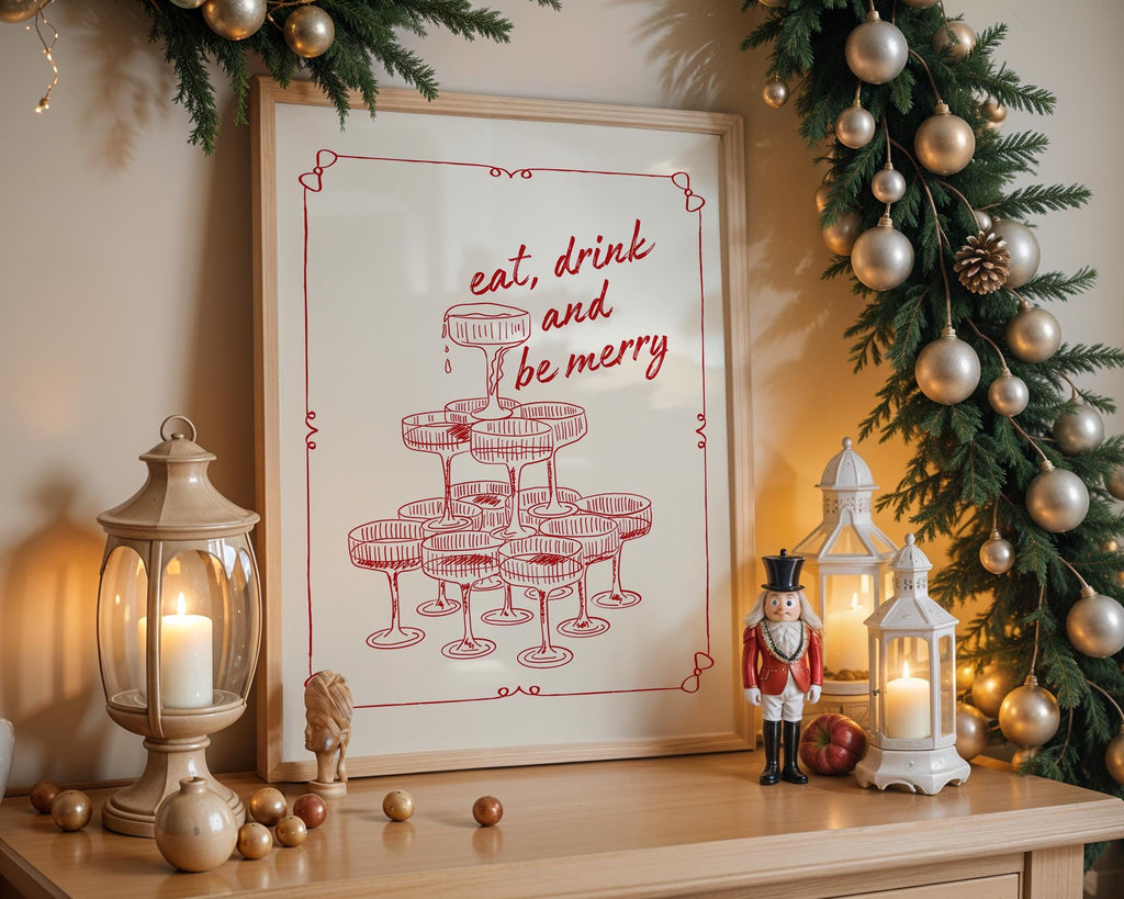 Eat Drink and Be Merry Wall Art, Retro Holiday Poster, Vintage Champagne Tower Print, Christmas Party Decor, Festive Kitchen Printable