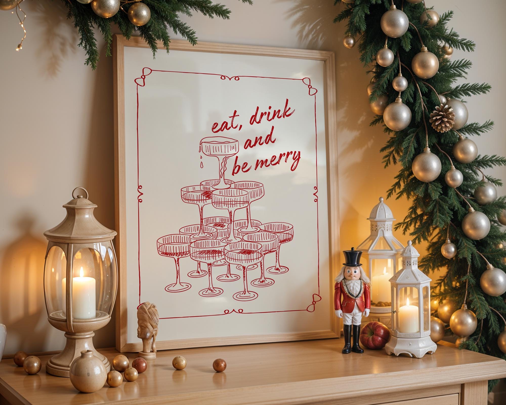 Eat Drink and Be Merry Wall Art, Retro Holiday Poster, Vintage Champagne Tower Print, Christmas Party Decor, Festive Kitchen Printable