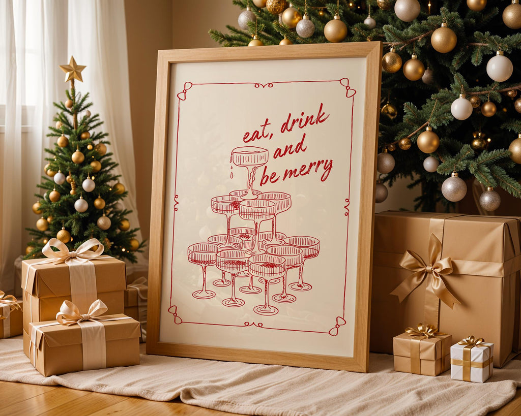 Eat Drink and Be Merry Wall Art, Retro Holiday Poster, Vintage Champagne Tower Print, Christmas Party Decor, Festive Kitchen Printable