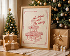 Eat Drink and Be Merry Wall Art, Retro Holiday Poster, Vintage Champagne Tower Print, Christmas Party Decor, Festive Kitchen Printable