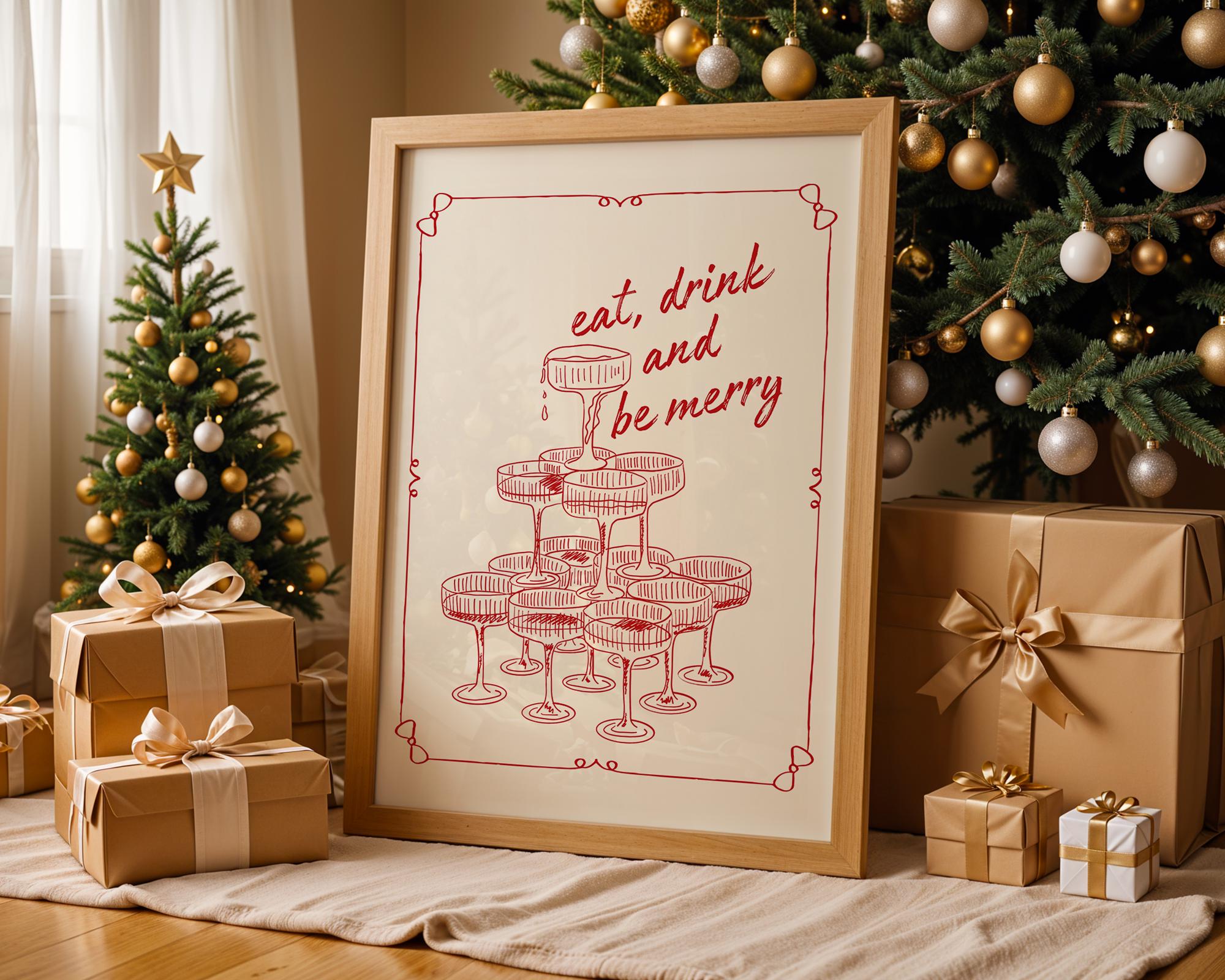 Eat Drink and Be Merry Wall Art, Retro Holiday Poster, Vintage Champagne Tower Print, Christmas Party Decor, Festive Kitchen Printable