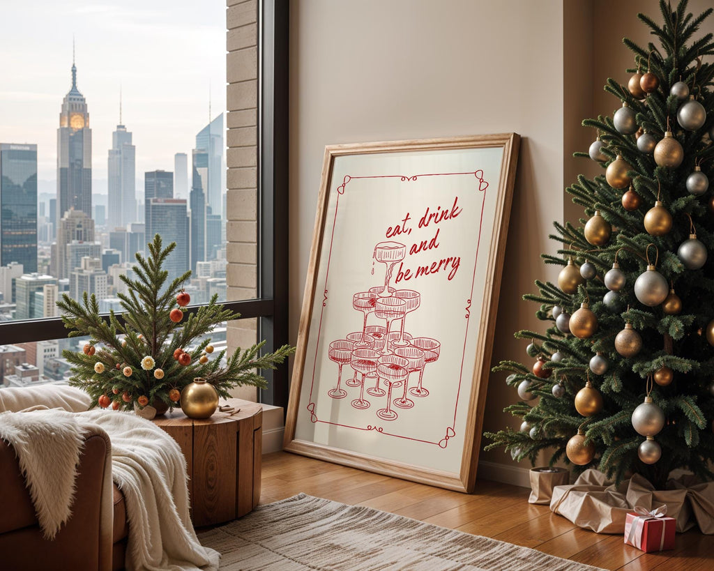 Eat Drink and Be Merry Wall Art, Retro Holiday Poster, Vintage Champagne Tower Print, Christmas Party Decor, Festive Kitchen Printable