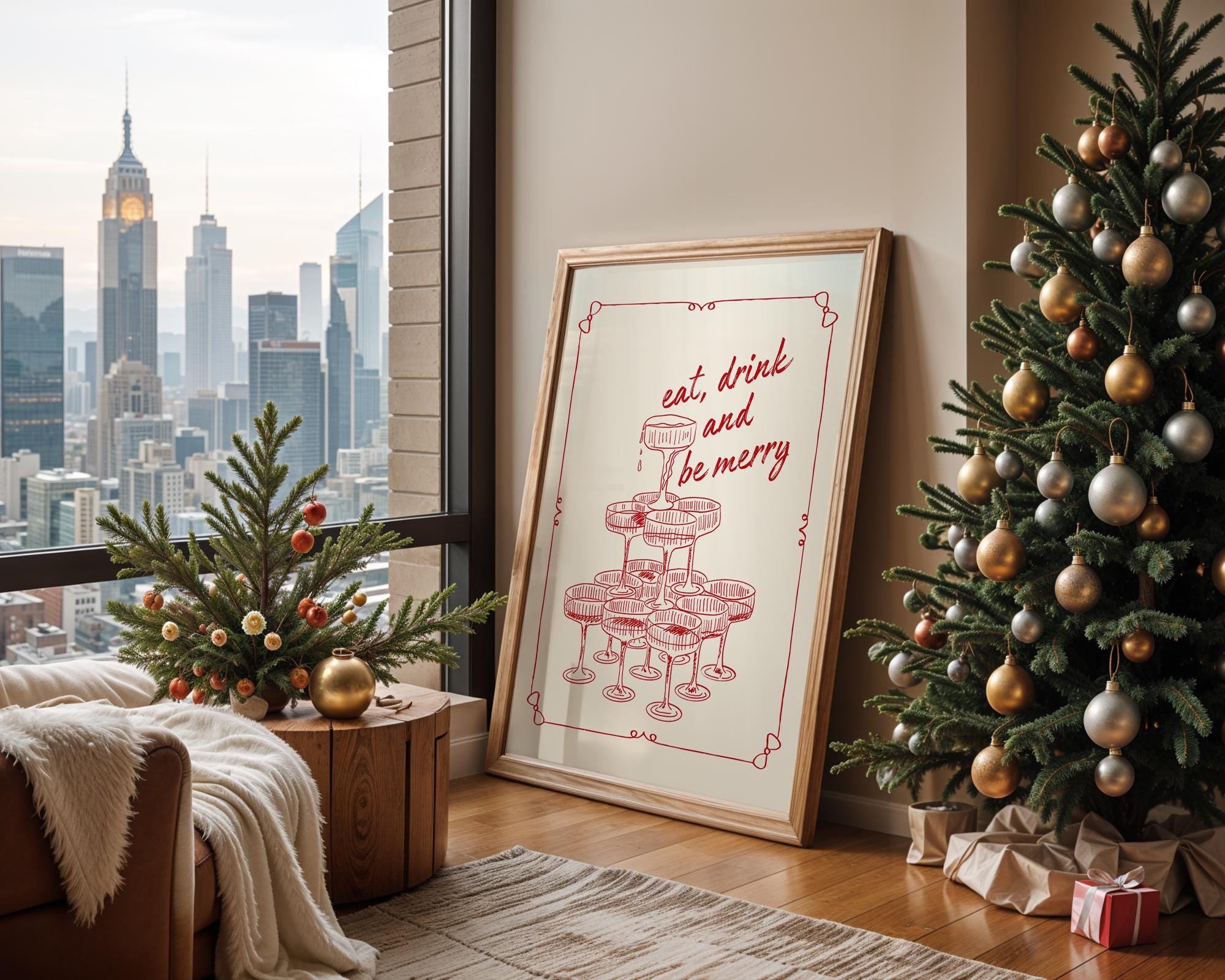Eat Drink and Be Merry Wall Art, Retro Holiday Poster, Vintage Champagne Tower Print, Christmas Party Decor, Festive Kitchen Printable