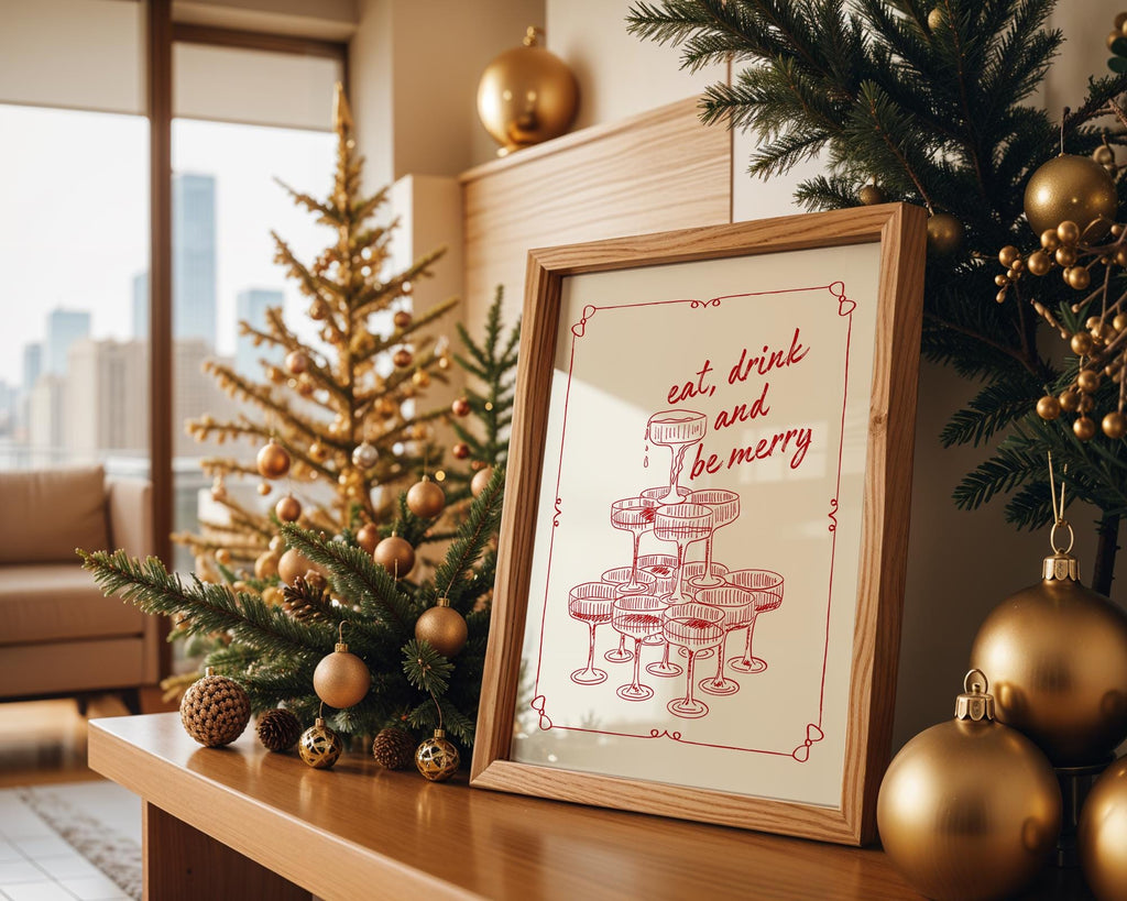 Eat Drink and Be Merry Wall Art, Retro Holiday Poster, Vintage Champagne Tower Print, Christmas Party Decor, Festive Kitchen Printable