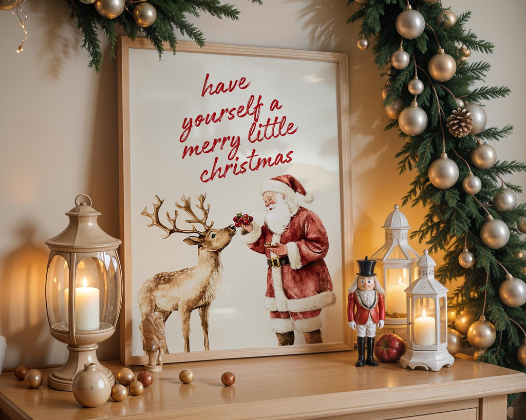 Vintage Christmas Wall Art, Santa Claus Reindeer Print Retro Holiday Poster Merry Little Christmas Decoration Festive Home Gift DIGITAL