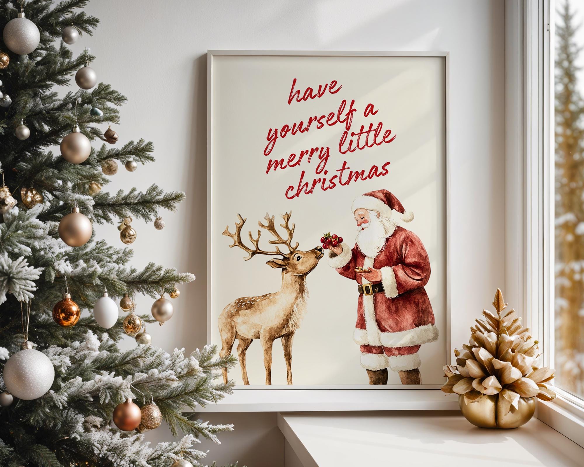 Vintage Christmas Wall Art, Santa Claus Reindeer Print Retro Holiday Poster Merry Little Christmas Decoration Festive Home Gift DIGITAL