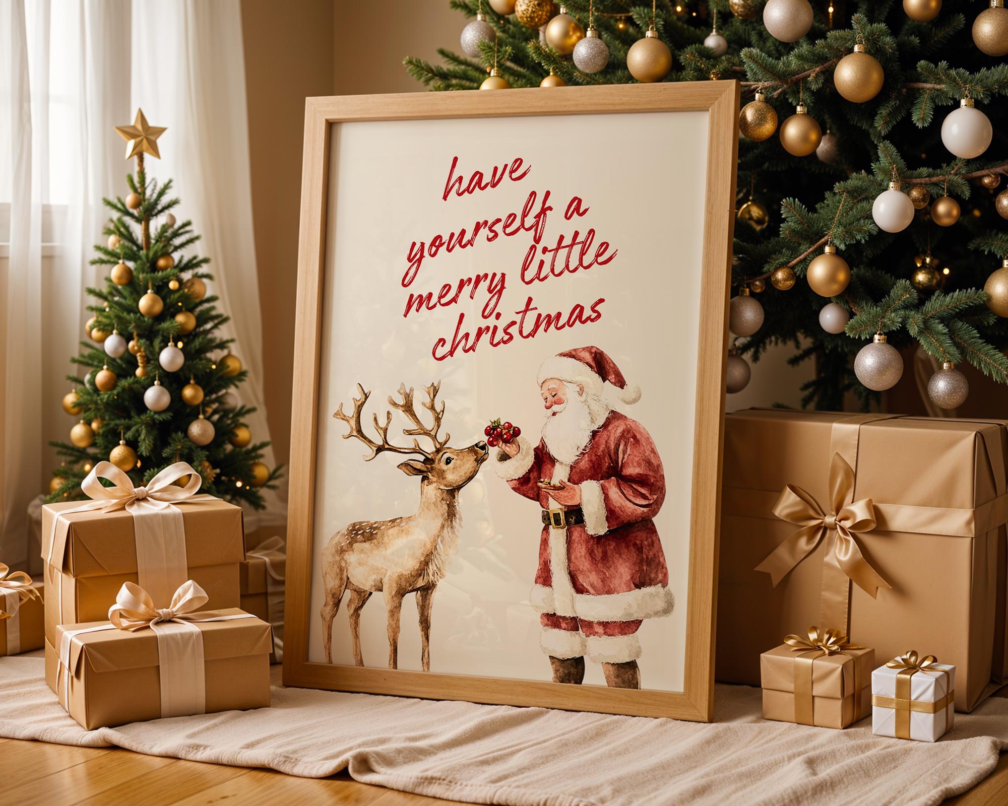 Vintage Christmas Wall Art, Santa Claus Reindeer Print Retro Holiday Poster Merry Little Christmas Decoration Festive Home Gift DIGITAL