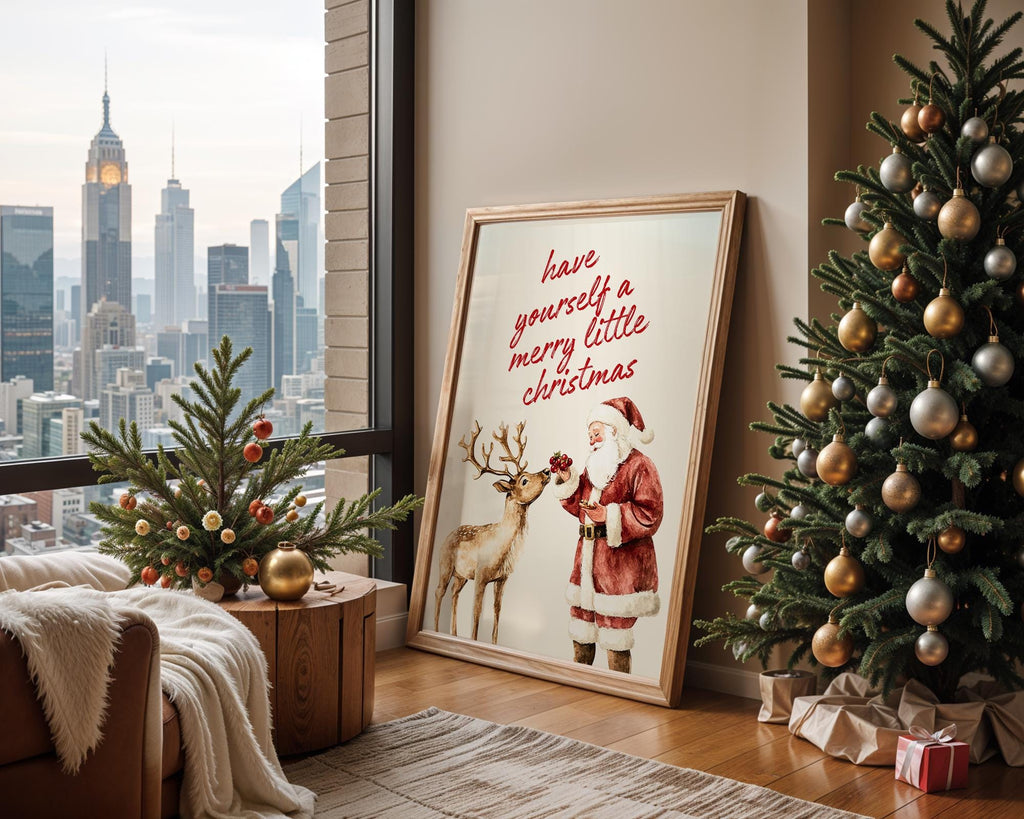 Vintage Christmas Wall Art, Santa Claus Reindeer Print Retro Holiday Poster Merry Little Christmas Decoration Festive Home Gift DIGITAL