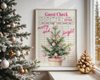 Retro Christmas Wall Art, Pink Guest Check Holiday Print, Vintage Xmas Tree Poster, Merry and Bright Kitchen Decor Festive Home Printable