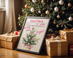 Retro Christmas Wall Art, Pink Guest Check Holiday Print, Vintage Xmas Tree Poster, Merry and Bright Kitchen Decor Festive Home Printable