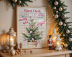 Retro Christmas Wall Art, Pink Guest Check Holiday Print, Vintage Xmas Tree Poster, Merry and Bright Kitchen Decor Festive Home Printable