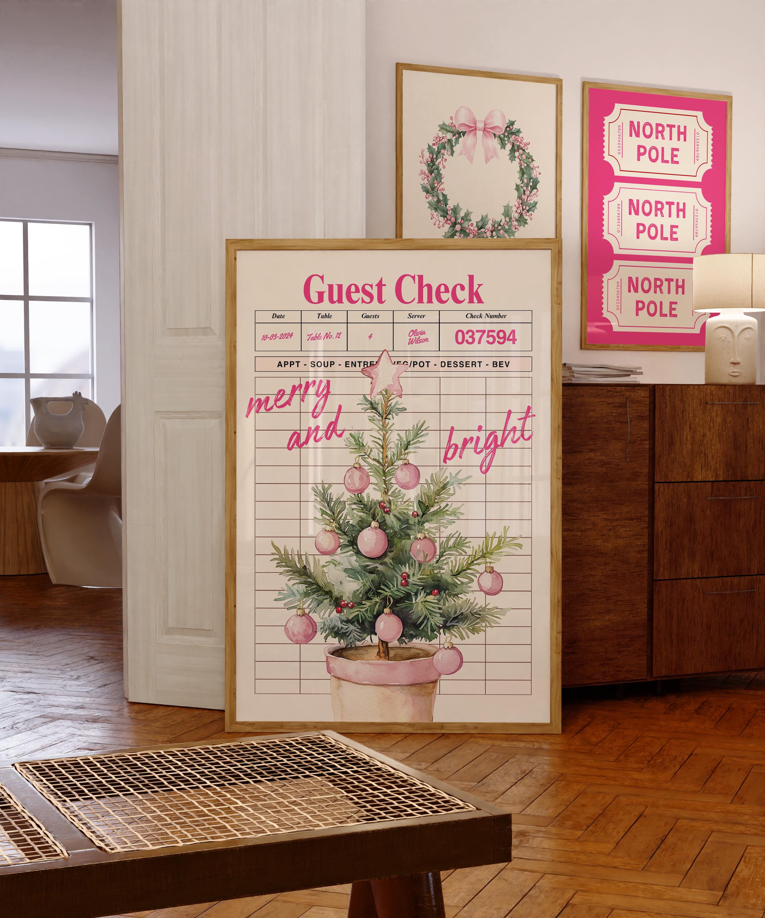 Retro Christmas Wall Art, Pink Guest Check Holiday Print, Vintage Xmas Tree Poster, Merry and Bright Kitchen Decor Festive Home Printable