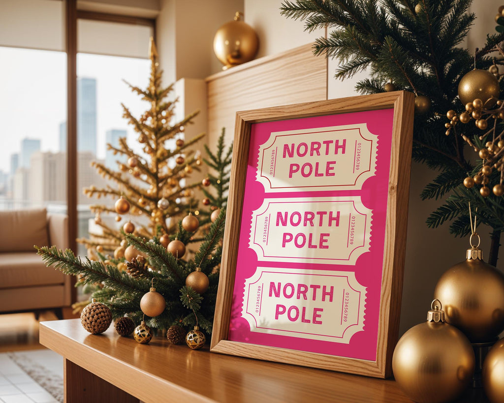 North Pole Ticket Wall Art Print, Christmas Holiday Poster, Pink Christmas Decor, Festive Kids Room Printable, Winter Wonderland DIGITAL