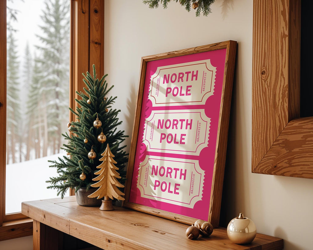 North Pole Ticket Wall Art Print, Christmas Holiday Poster, Pink Christmas Decor, Festive Kids Room Printable, Winter Wonderland DIGITAL