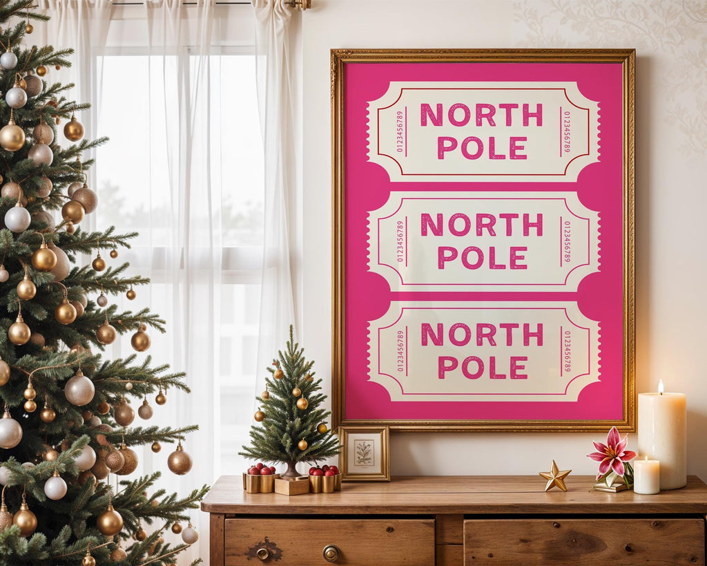 North Pole Ticket Wall Art Print, Christmas Holiday Poster, Pink Christmas Decor, Festive Kids Room Printable, Winter Wonderland DIGITAL