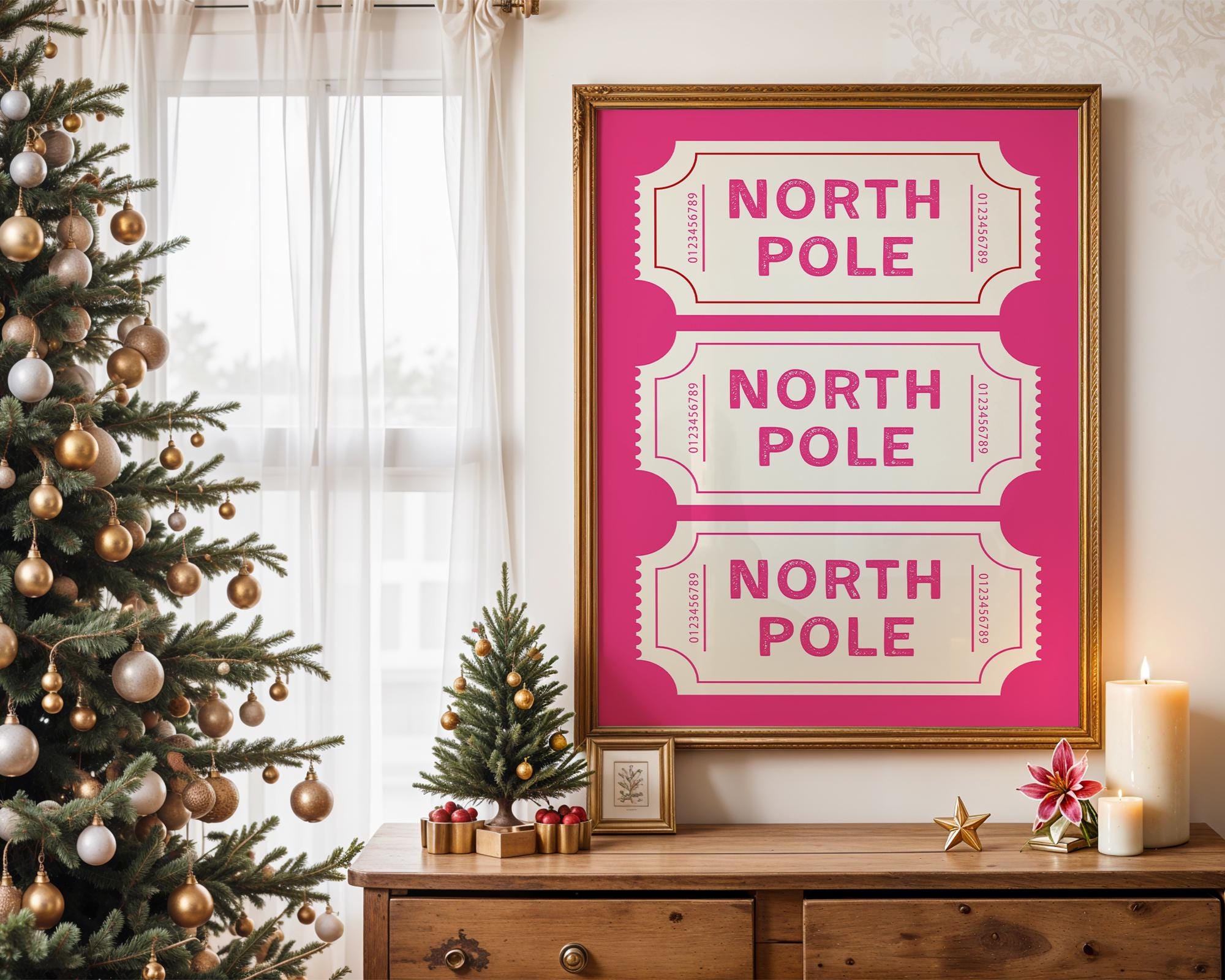 North Pole Ticket Wall Art Print, Christmas Holiday Poster, Pink Christmas Decor, Festive Kids Room Printable, Winter Wonderland DIGITAL