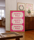 North Pole Ticket Wall Art Print, Christmas Holiday Poster, Pink Christmas Decor, Festive Kids Room Printable, Winter Wonderland DIGITAL