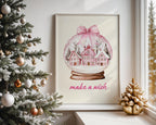 Pink Christmas Snow Globe Wall Art, Make a Wish Printable, Holiday Winter Wonderland Decor, Festive Nordic House Poster Print, DIGITAL