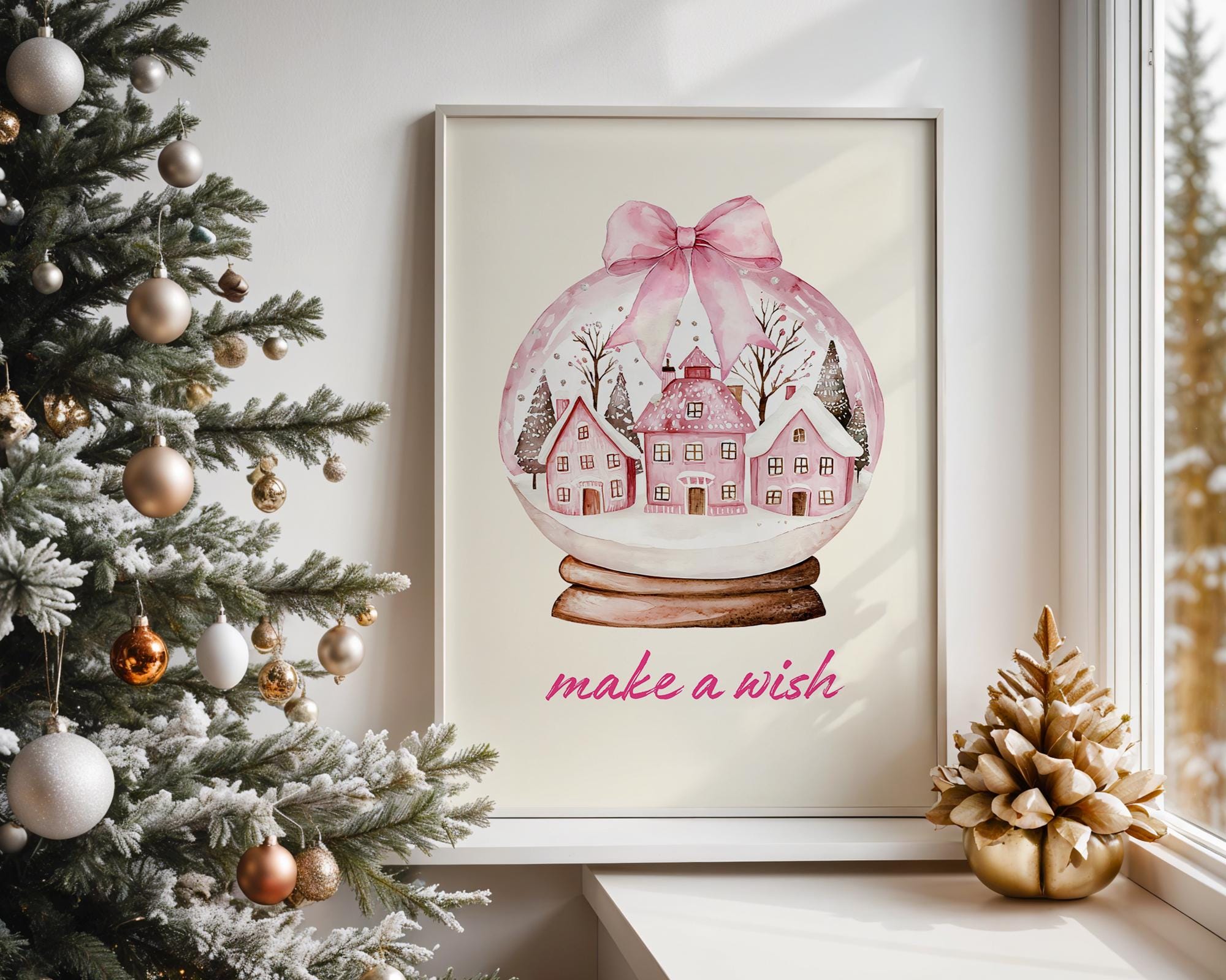 Pink Christmas Snow Globe Wall Art, Make a Wish Printable, Holiday Winter Wonderland Decor, Festive Nordic House Poster Print, DIGITAL