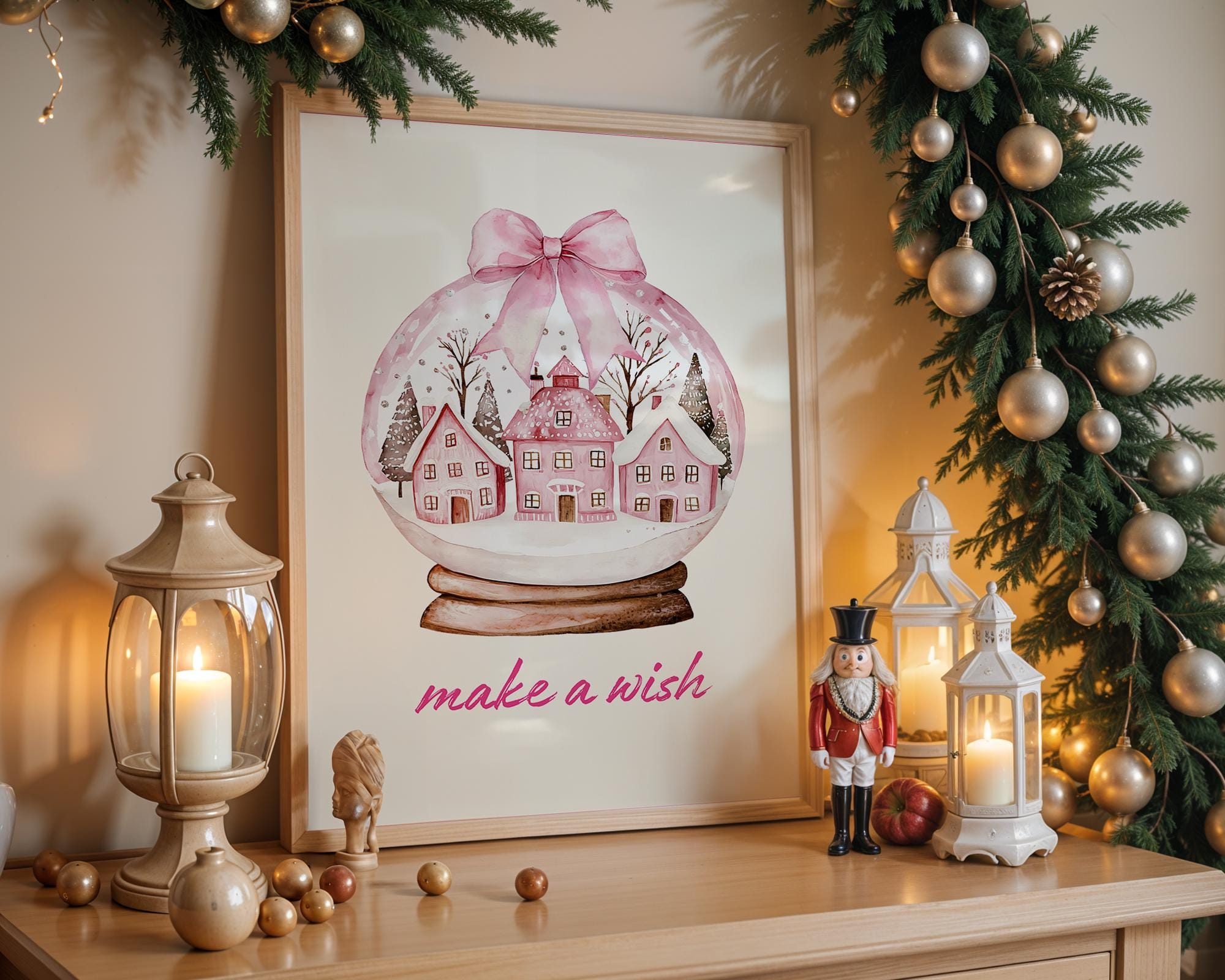 Pink Christmas Snow Globe Wall Art, Make a Wish Printable, Holiday Winter Wonderland Decor, Festive Nordic House Poster Print, DIGITAL
