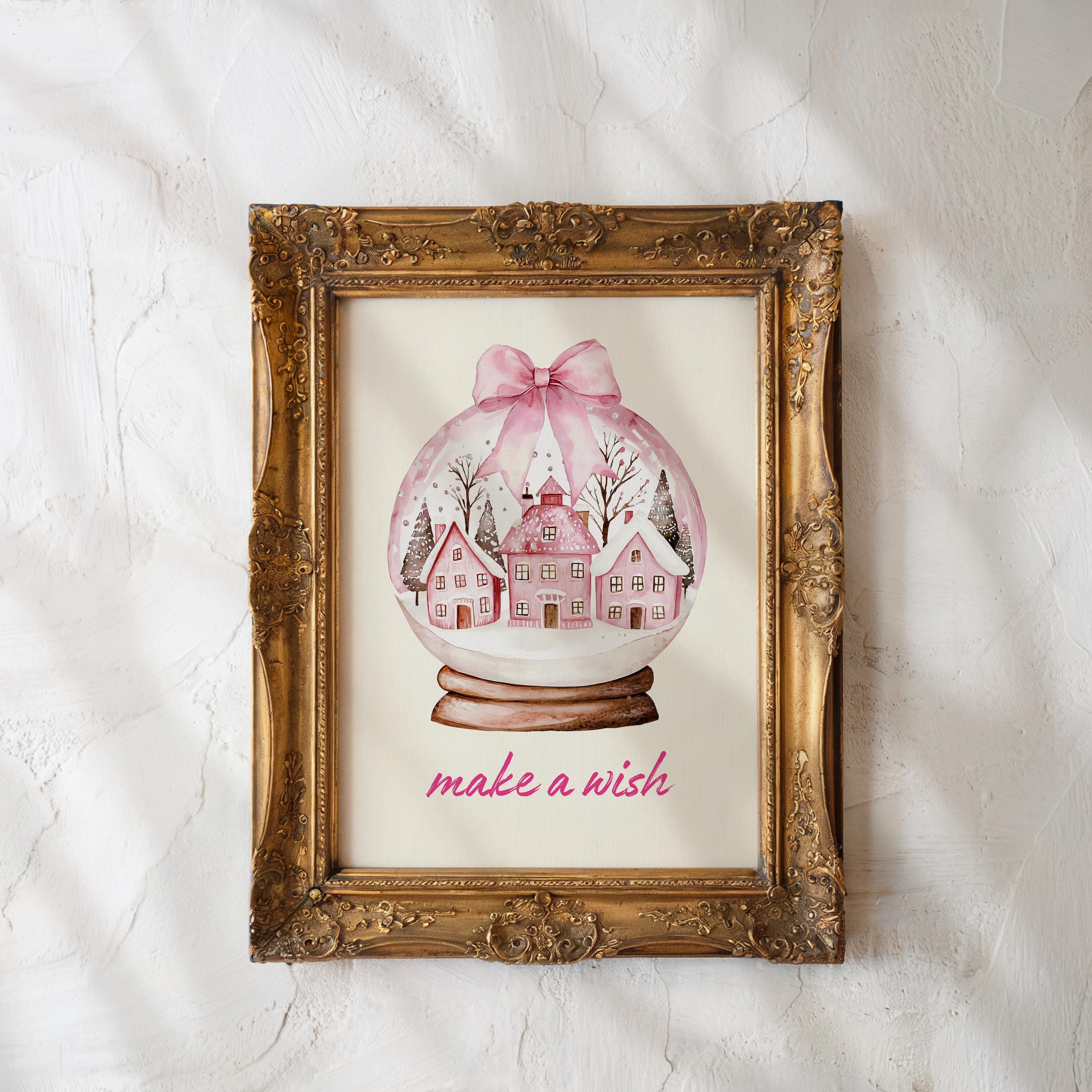 Pink Christmas Snow Globe Wall Art, Make a Wish Printable, Holiday Winter Wonderland Decor, Festive Nordic House Poster Print, DIGITAL