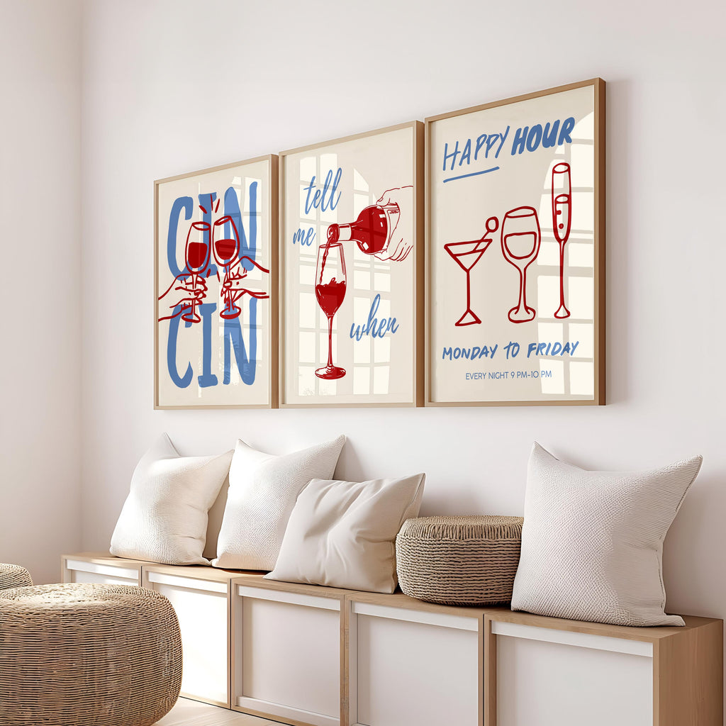 Wine Bar Wall Art Print, Happy Hour Poster, Cocktail Glass Decor, Cheers Cin Cin Printable Kitchen Dining Room Drink Quote Artwork DIGITAL