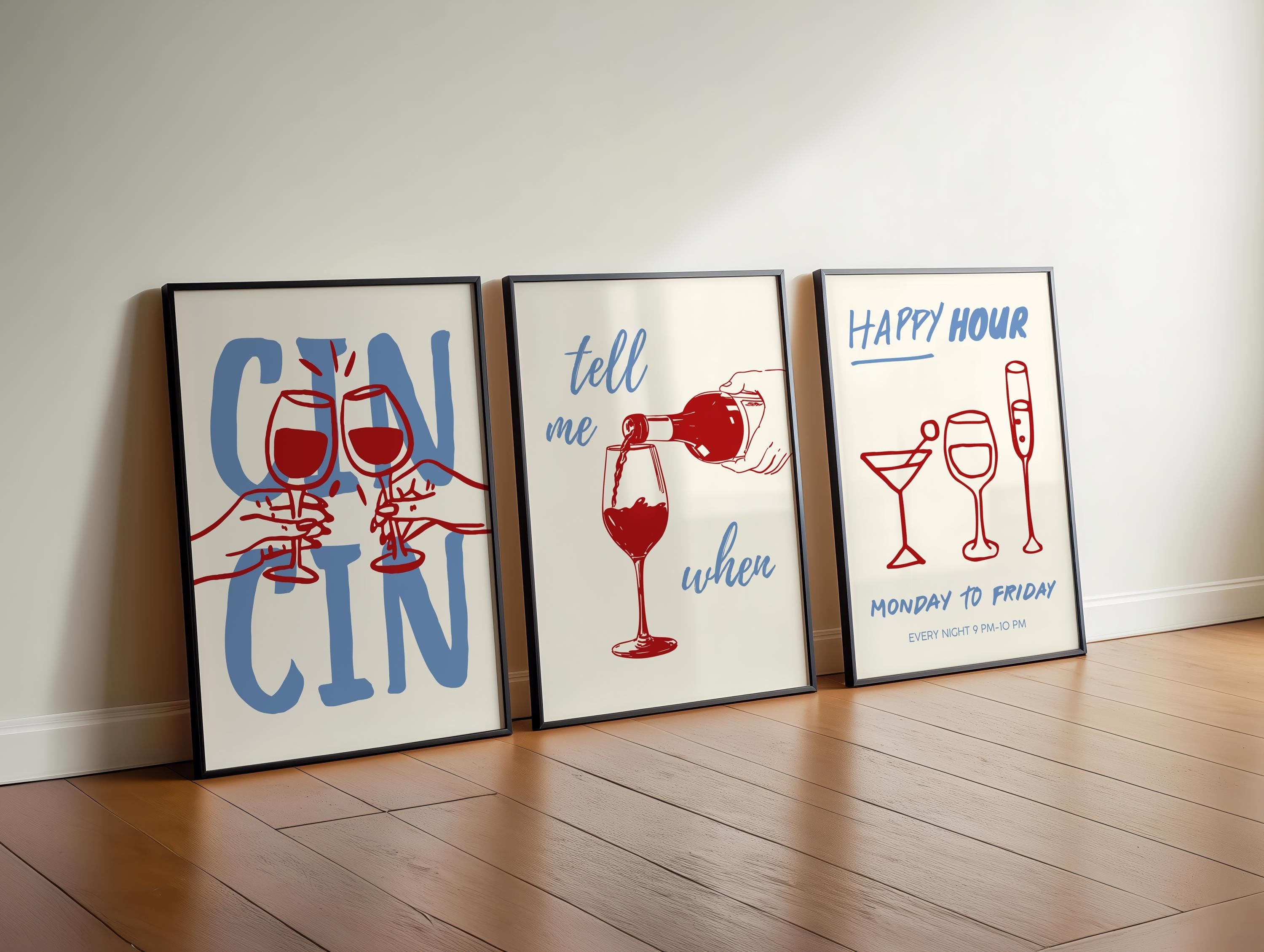 Wine Bar Wall Art Print, Happy Hour Poster, Cocktail Glass Decor, Cheers Cin Cin Printable Kitchen Dining Room Drink Quote Artwork DIGITAL
