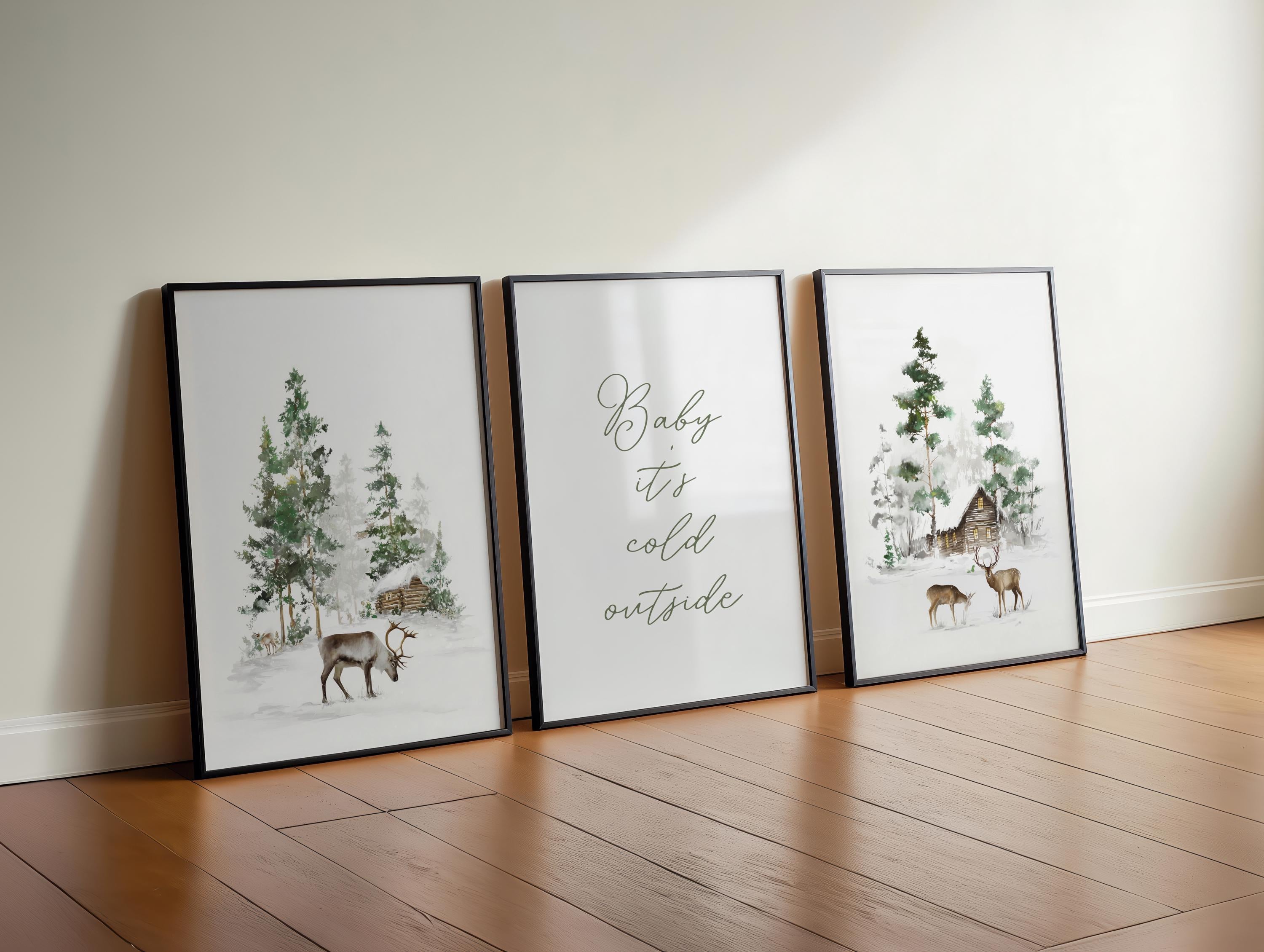 Winter Cabin Wall Art Set of 3, Rustic Deer Prints, Snowy Forest Scandinavian Christmas Decor, Cozy Woodland Holiday Posters Artwork DIGITAL