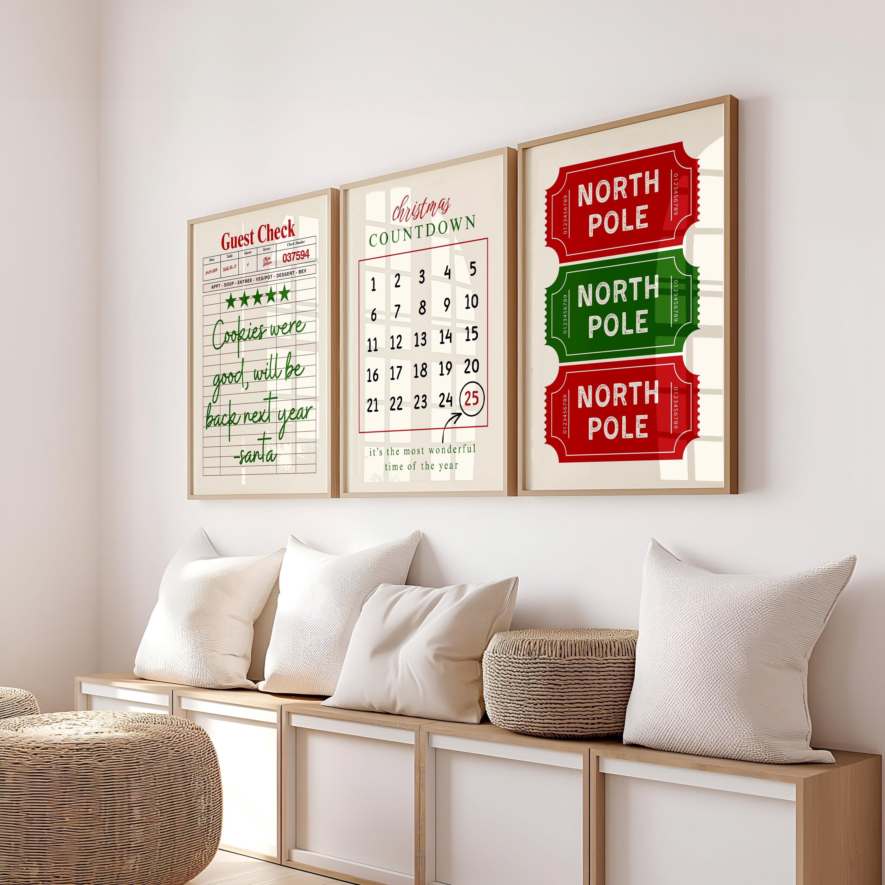 Christmas Wall Art Set of 3, Santa Cookie Note Print, Holiday Countdown Calendar Poster, North Pole Ticket Christmas Decor, DIGITAL DOWNLOAD
