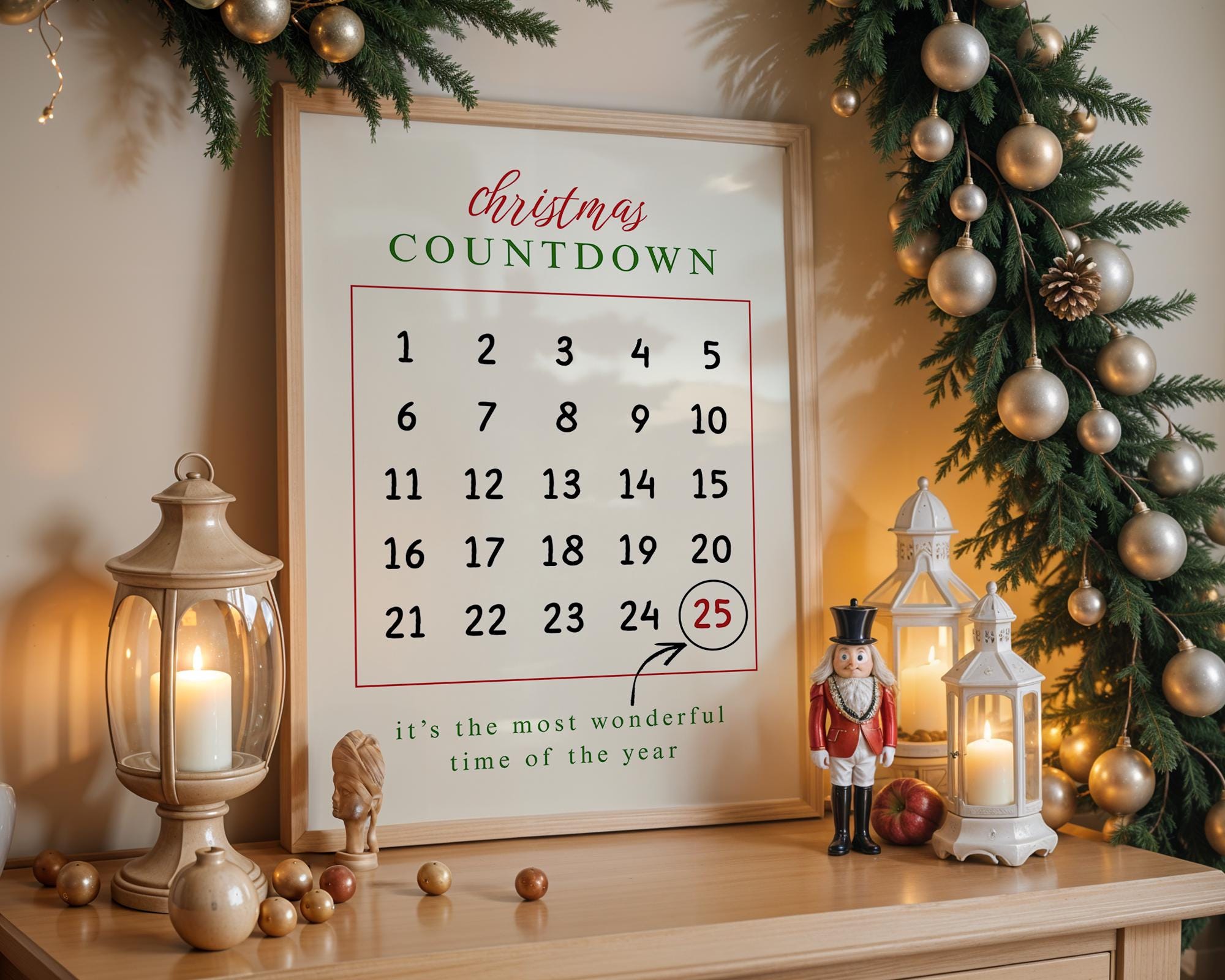 Christmas Countdown Wall Art, Holiday Calendar Printable, Festive Advent Poster, Modern Xmas Wall Decor, Winter Christmas Decoration DIGITAL