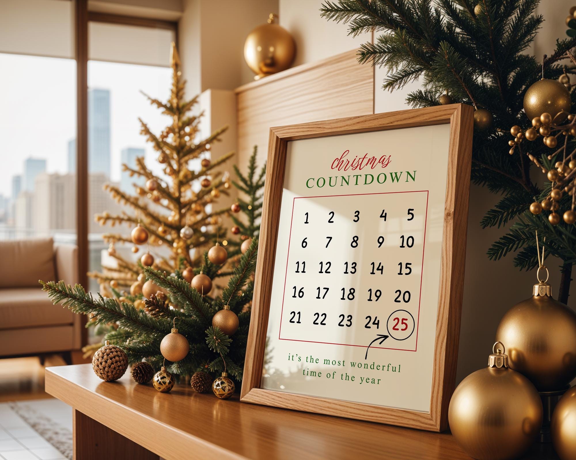 Christmas Countdown Wall Art, Holiday Calendar Printable, Festive Advent Poster, Modern Xmas Wall Decor, Winter Christmas Decoration DIGITAL