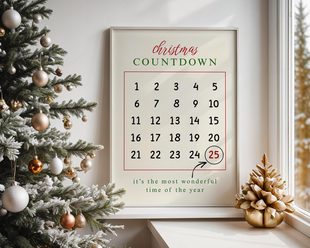 Christmas Countdown Wall Art, Holiday Calendar Printable, Festive Advent Poster, Modern Xmas Wall Decor, Winter Christmas Decoration DIGITAL
