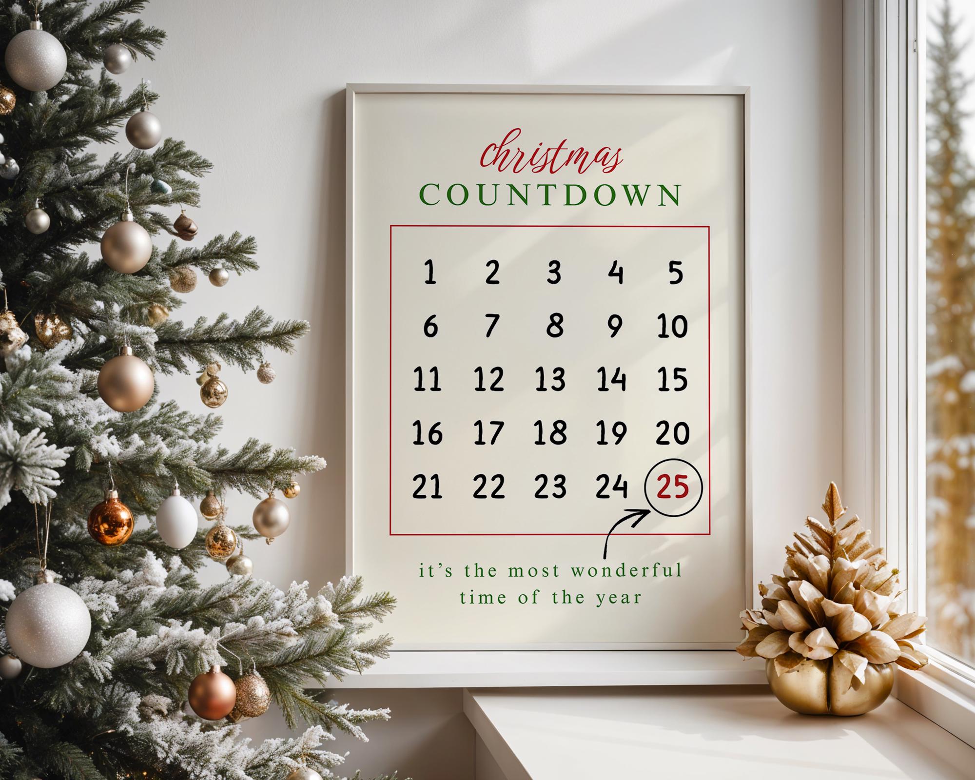 Christmas Countdown Wall Art, Holiday Calendar Printable, Festive Advent Poster, Modern Xmas Wall Decor, Winter Christmas Decoration DIGITAL